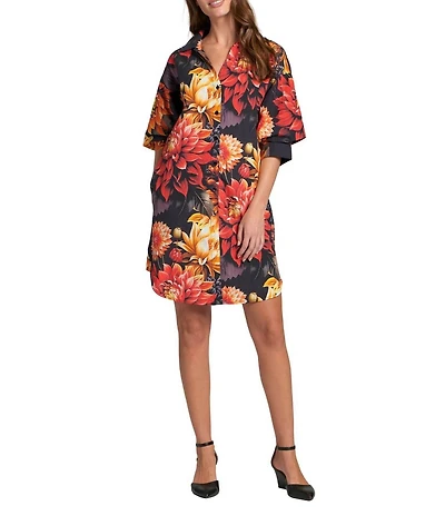 APNY Floral Print Belted Spread Collar 3/4 Sleeve Shirt Dress