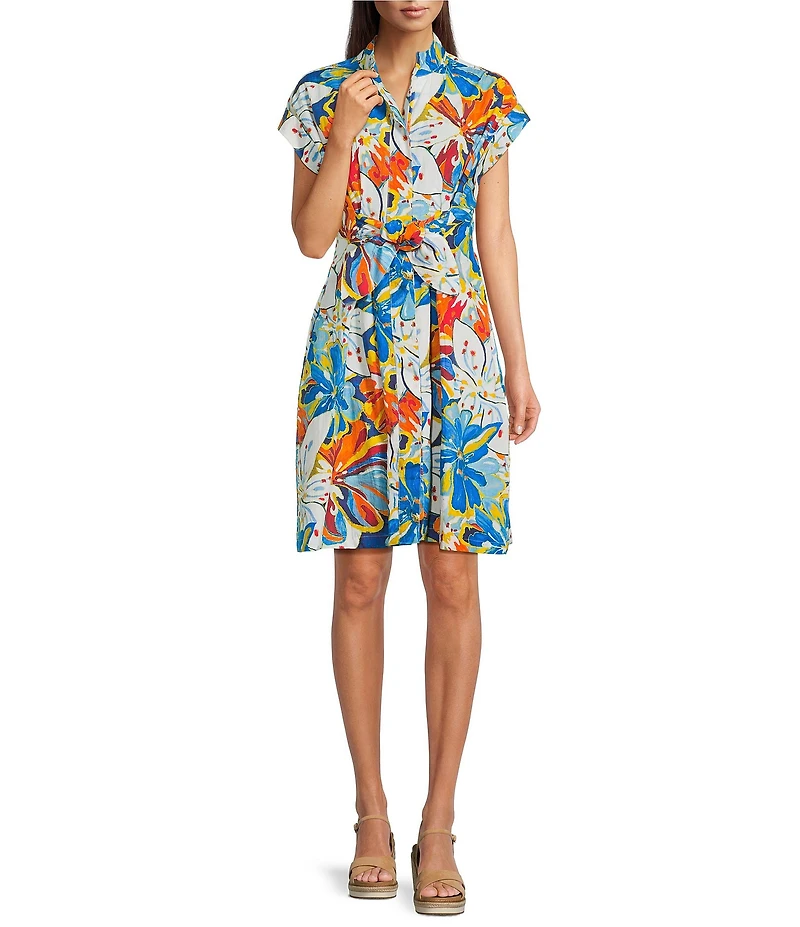 APNY Floral Print Mandarin Collar Short Sleeve Tie Shirt Dress