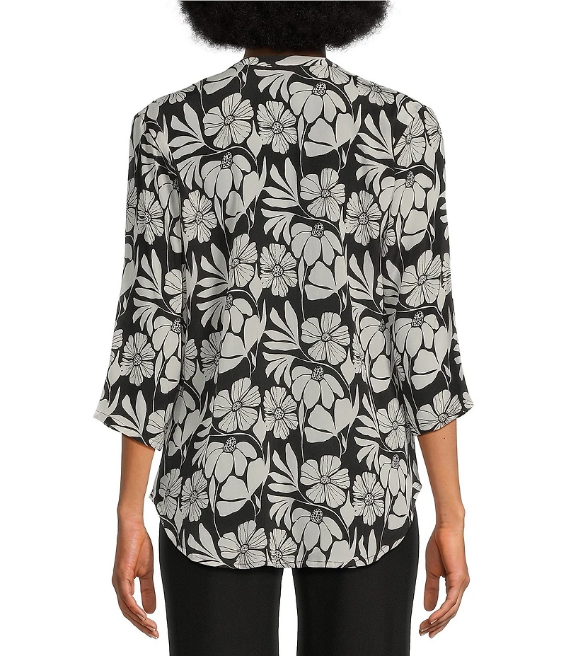 APNY Floral Print Split V-Neck 3/4 Sleeve Button-Front Blouse