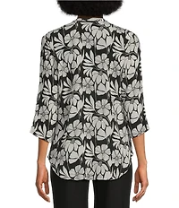 APNY Floral Print Split V-Neck 3/4 Sleeve Button-Front Blouse