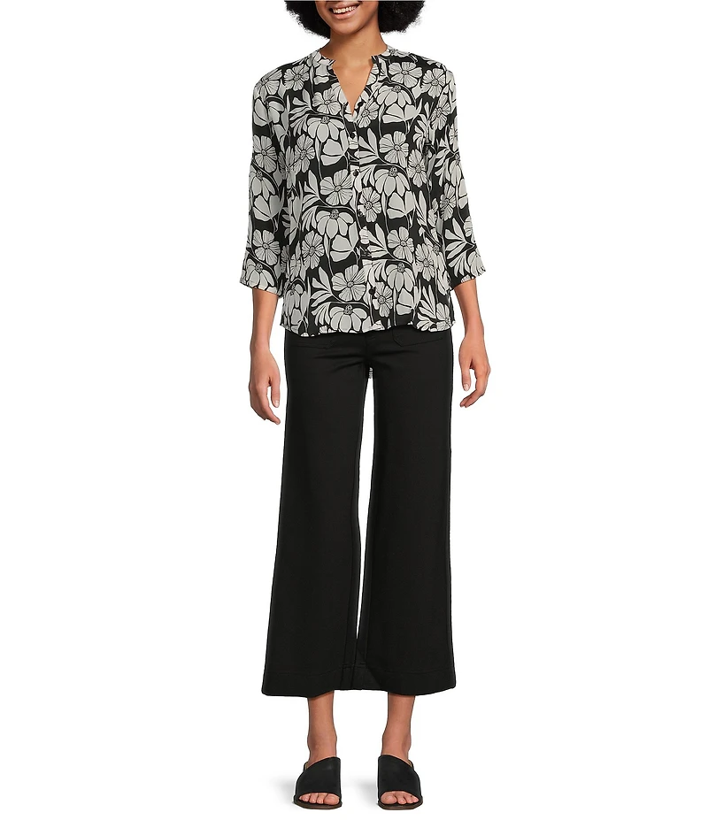 APNY Floral Print Split V-Neck 3/4 Sleeve Button-Front Blouse