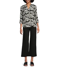 APNY Floral Print Split V-Neck 3/4 Sleeve Button-Front Blouse