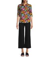 APNY Floral Print Spread Collar Long Sleeve Button Front Shirt