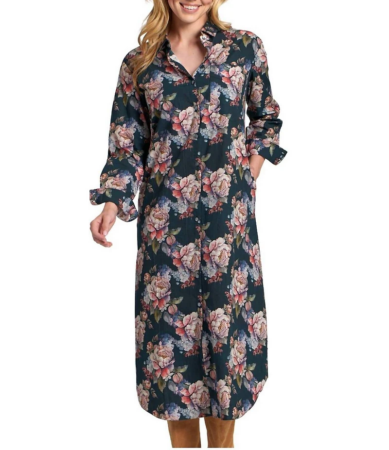 APNY Floral Print Spread Collar Long Sleeve Shirt Maxi Dress