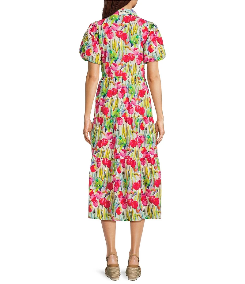 APNY Floral Print V-Neck Short Puff Sleeve Midi Shirt Dress
