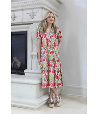 APNY Floral Print V-Neck Short Puff Sleeve Midi Shirt Dress