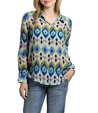 APNY Geometric Stripe Print Spread Collar Long Roll-Tab Sleeve Blouse