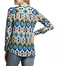 APNY Geometric Stripe Print Spread Collar Long Roll-Tab Sleeve Blouse
