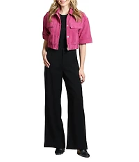 APNY Goat Suede Spread Collar Short Sleeve Cropped Jacket