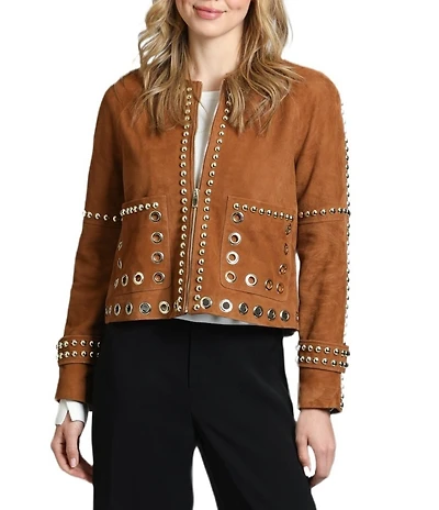 APNY Goat Suede Studded Round Neck Long Sleeve Jacket