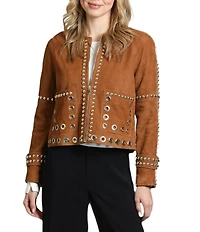 APNY Goat Suede Studded Round Neck Long Sleeve Jacket
