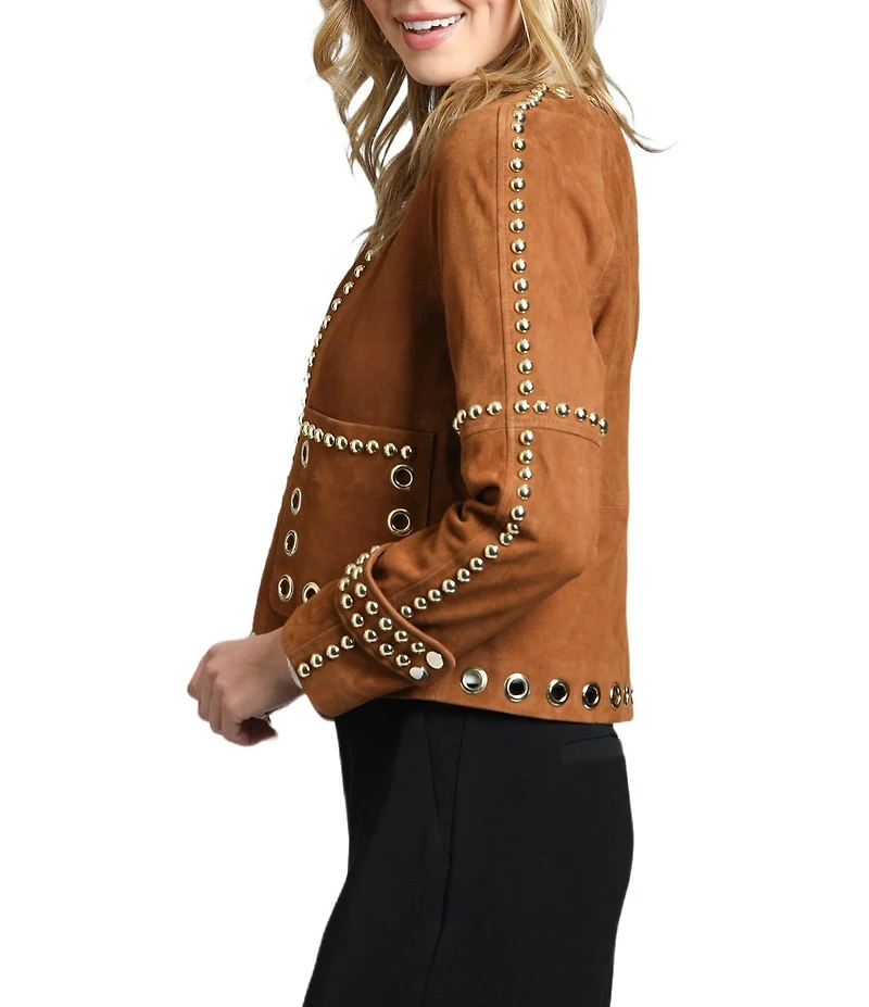 APNY Goat Suede Studded Round Neck Long Sleeve Jacket