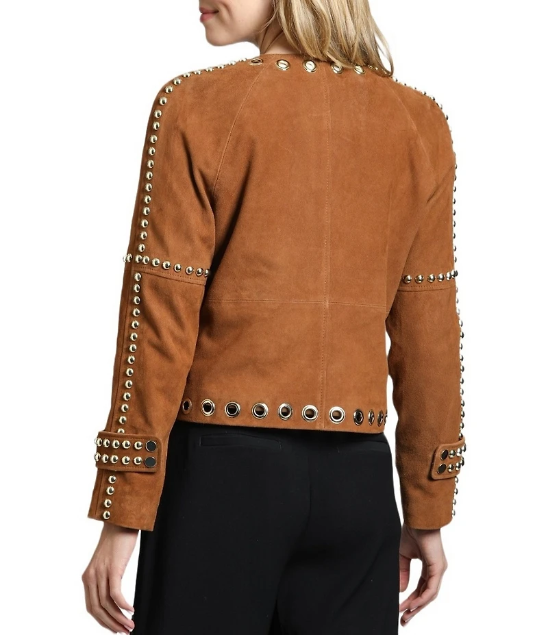 APNY Goat Suede Studded Round Neck Long Sleeve Jacket