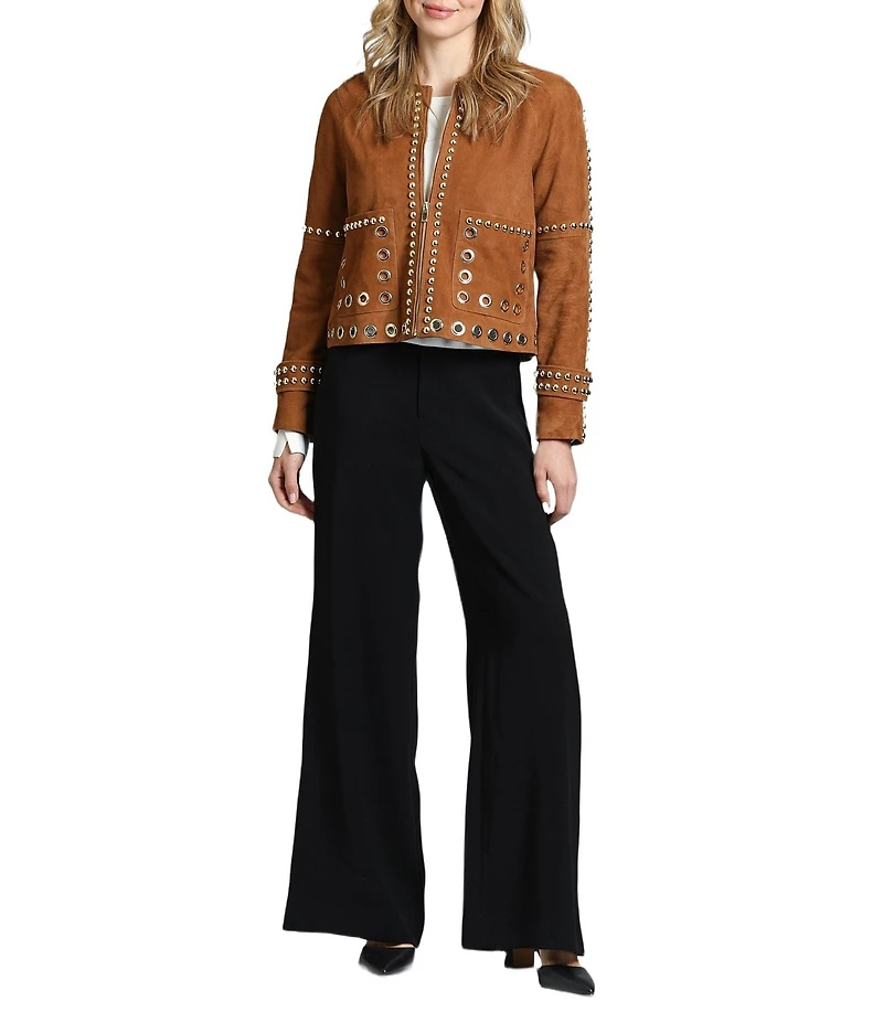 APNY Goat Suede Studded Round Neck Long Sleeve Jacket