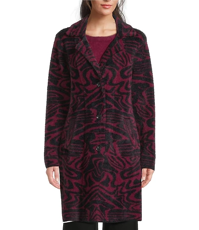 APNY Knit Abstract Print Notch Lapel Collar Long Sleeve Coat