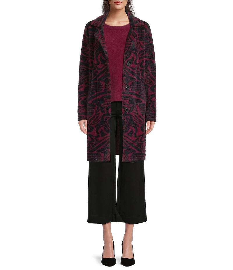 APNY Knit Abstract Print Notch Lapel Collar Long Sleeve Coat