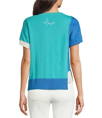 APNY Knit Color Block Crew Neck Short Sleeve Sweater