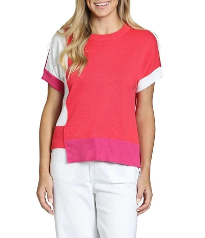 APNY Knit Color Block Crew Neck Short Sleeve Sweater