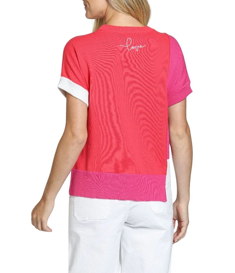 APNY Knit Color Block Crew Neck Short Sleeve Sweater