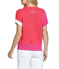 APNY Knit Color Block Crew Neck Short Sleeve Sweater