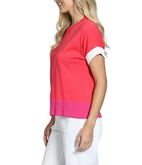 APNY Knit Color Block Crew Neck Short Sleeve Sweater