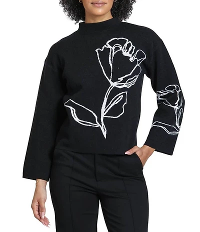 APNY Knit Contrast Floral Mock Neck Long Sleeve Sweater Top