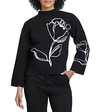 APNY Knit Contrast Floral Mock Neck Long Sleeve Sweater Top