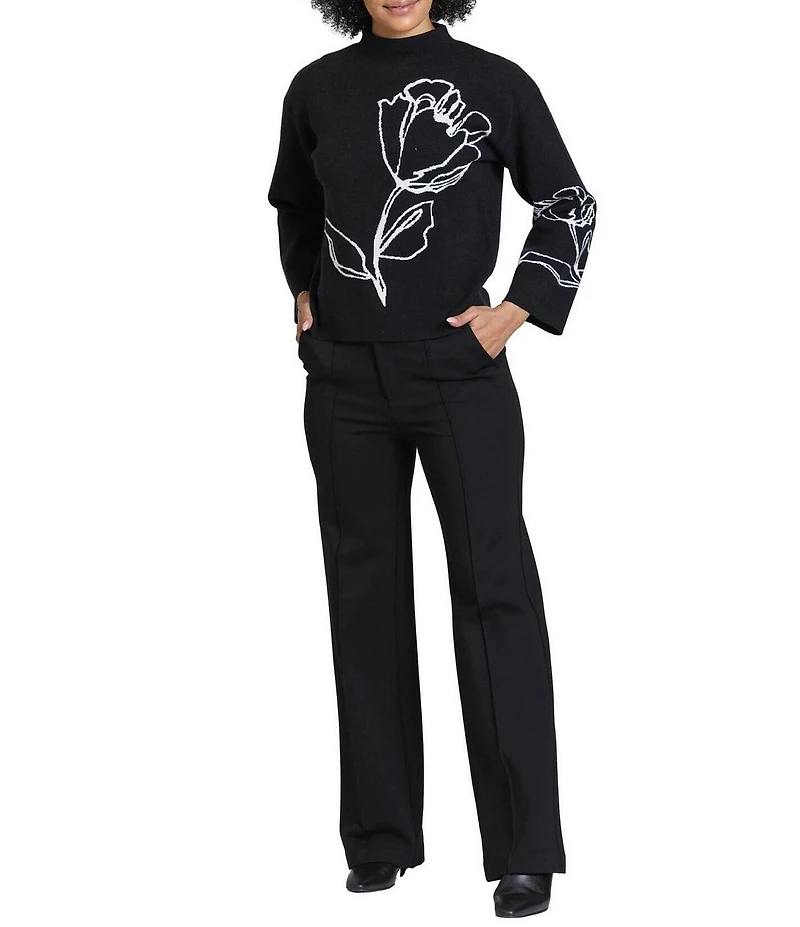 APNY Knit Contrast Floral Mock Neck Long Sleeve Sweater Top