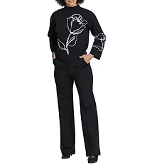 APNY Knit Contrast Floral Mock Neck Long Sleeve Sweater Top