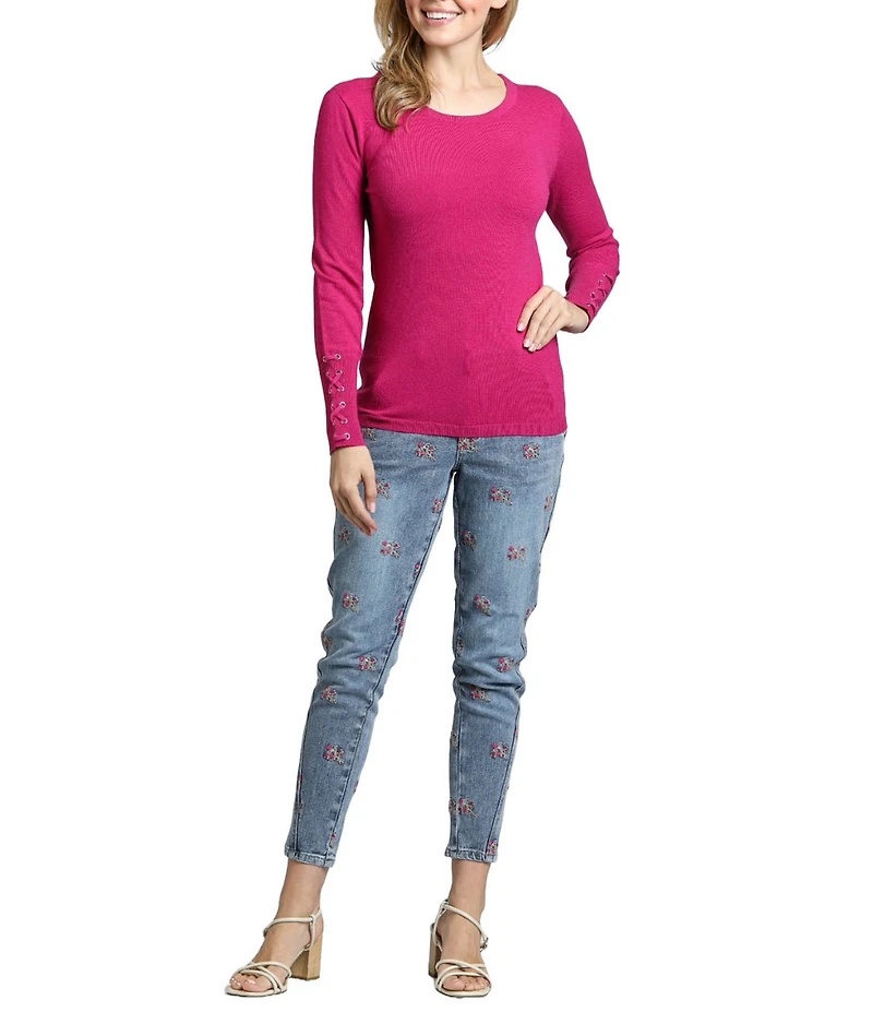 APNY Knit Crew Neck Long Grommet Lace Up Sleeve Sweater