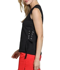 APNY Knit Crew Neck Sleeveless Lace Up Tee