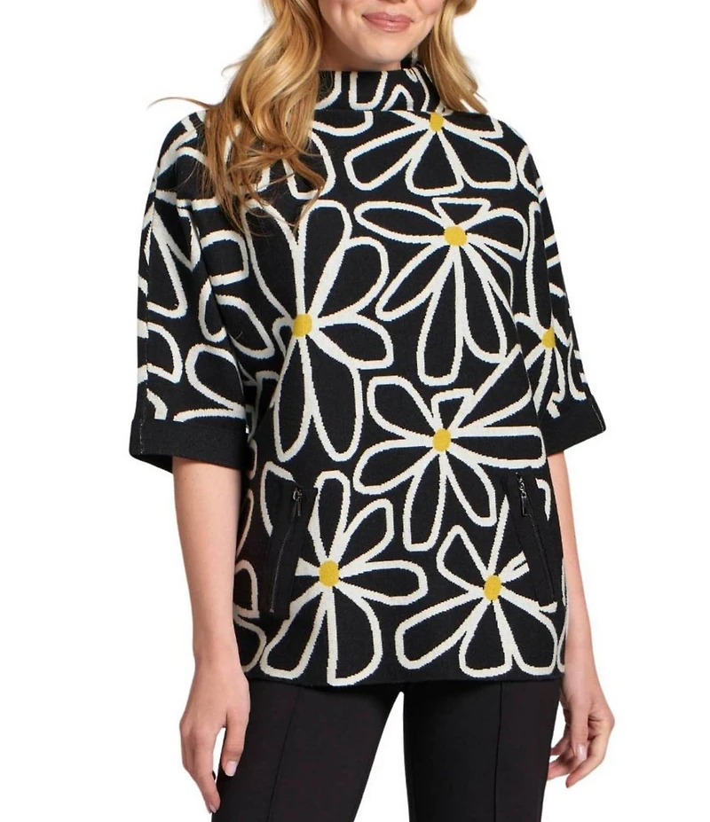 APNY Knit Floral Print Mock Neck Elbow Sleeve Sweater