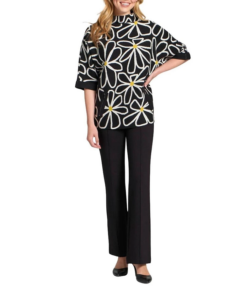 APNY Knit Floral Print Mock Neck Elbow Sleeve Sweater