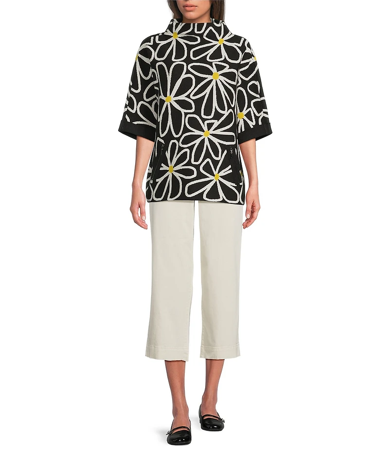 APNY Knit Floral Print Mock Neck Elbow Sleeve Sweater