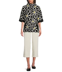 APNY Knit Floral Print Mock Neck Elbow Sleeve Sweater