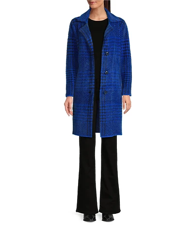 APNY Knit Houndstooth Notch Collar Long Sleeve Coat
