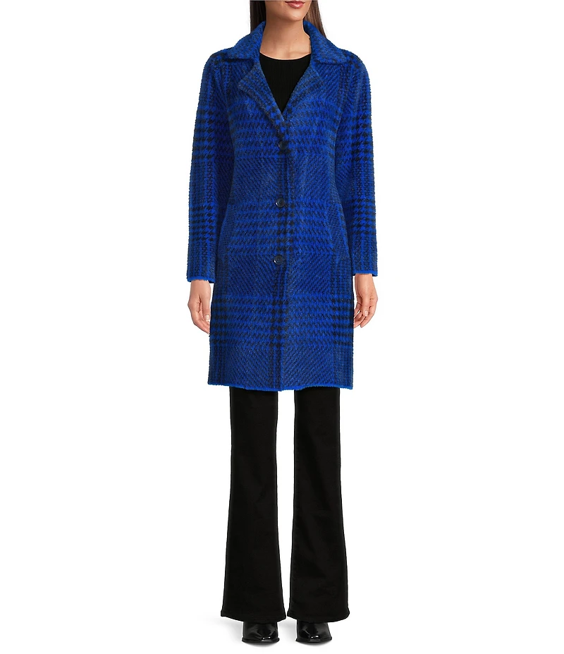 APNY Knit Houndstooth Notch Collar Long Sleeve Coat