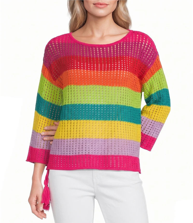 APNY Knit Lattice Stripe Crochet Crew Neck 3/4 Sleeve Top
