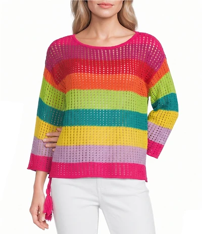 APNY Knit Lattice Stripe Crochet Crew Neck 3/4 Sleeve Top