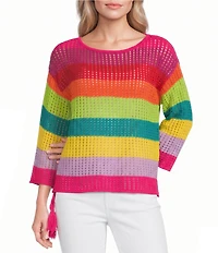 APNY Knit Lattice Stripe Crochet Crew Neck 3/4 Sleeve Top