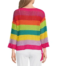APNY Knit Lattice Stripe Crochet Crew Neck 3/4 Sleeve Top