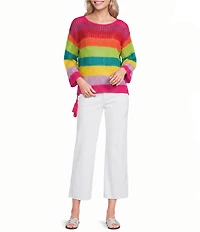 APNY Knit Lattice Stripe Crochet Crew Neck 3/4 Sleeve Top