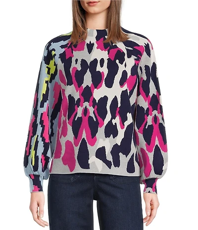 APNY Knit Leopard Print Funnel Neck Long Puff Sleeve Sweater