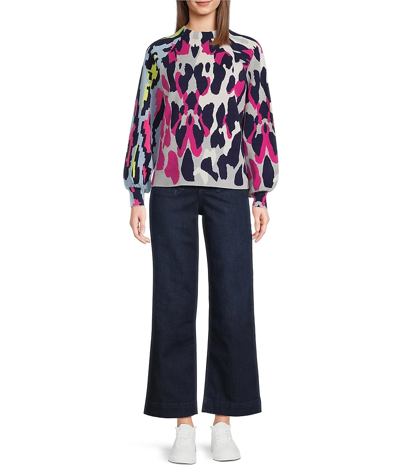 APNY Knit Leopard Print Funnel Neck Long Puff Sleeve Sweater