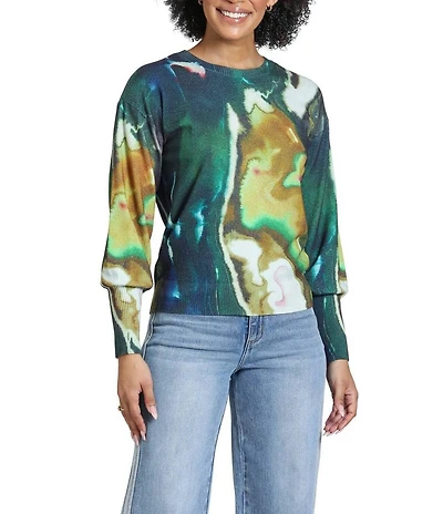 APNY Knit Liquid Marble Print Crew Neck Long Sleeve Sweater Top