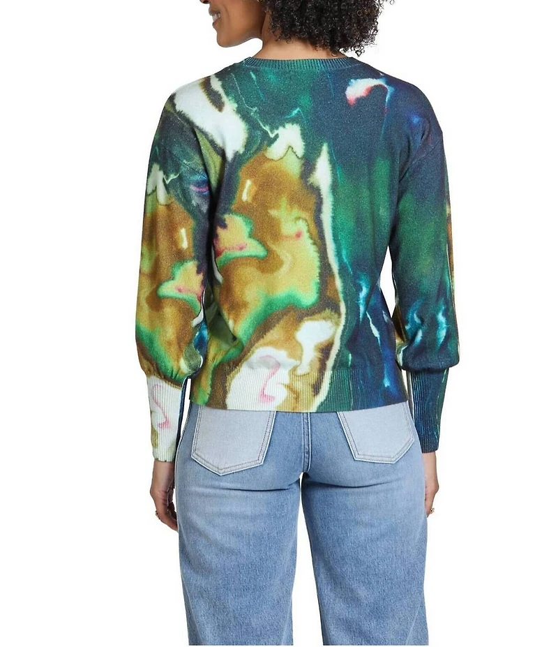 APNY Knit Liquid Marble Print Crew Neck Long Sleeve Sweater Top