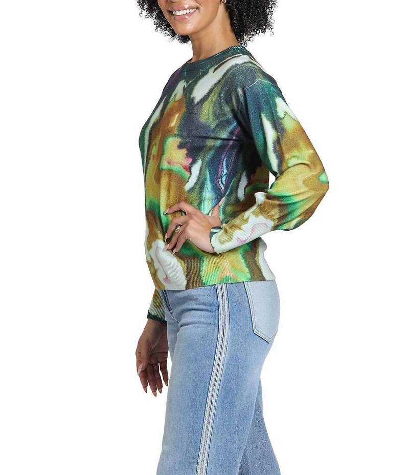APNY Knit Liquid Marble Print Crew Neck Long Sleeve Sweater Top