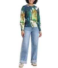 APNY Knit Liquid Marble Print Crew Neck Long Sleeve Sweater Top