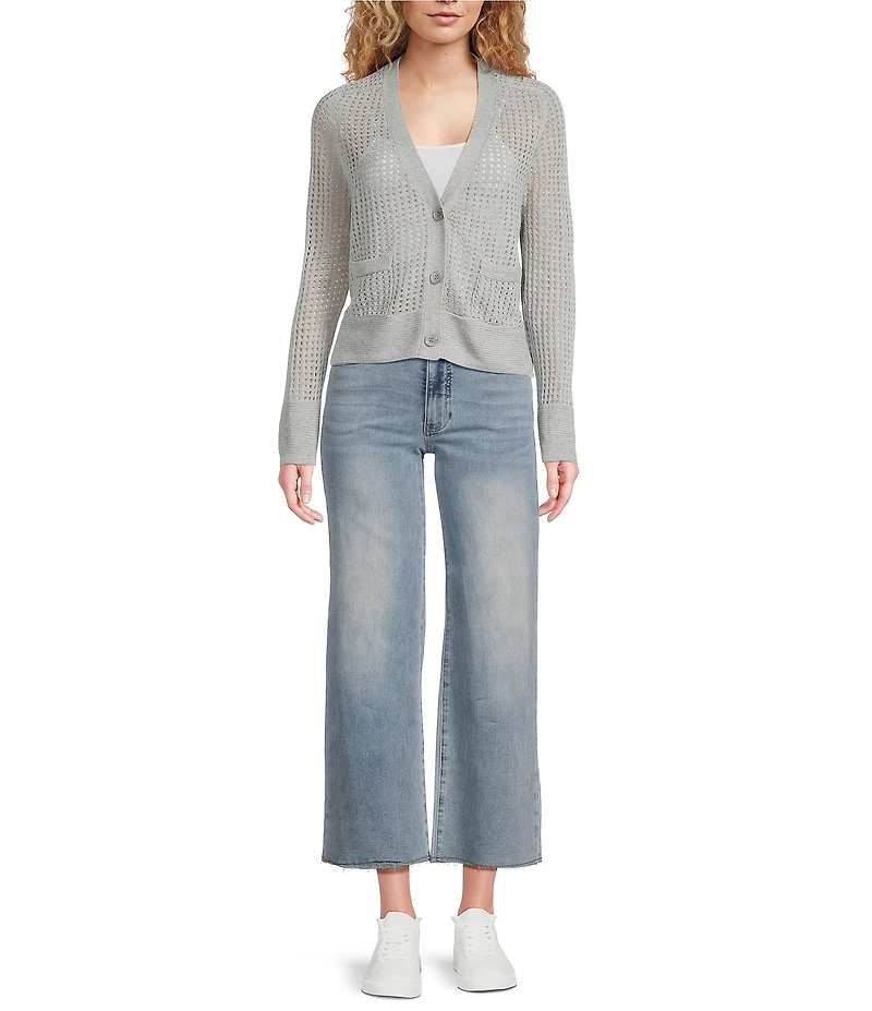 APNY Knit Open Front Long Sleeve Button Front Cropped Cardigan