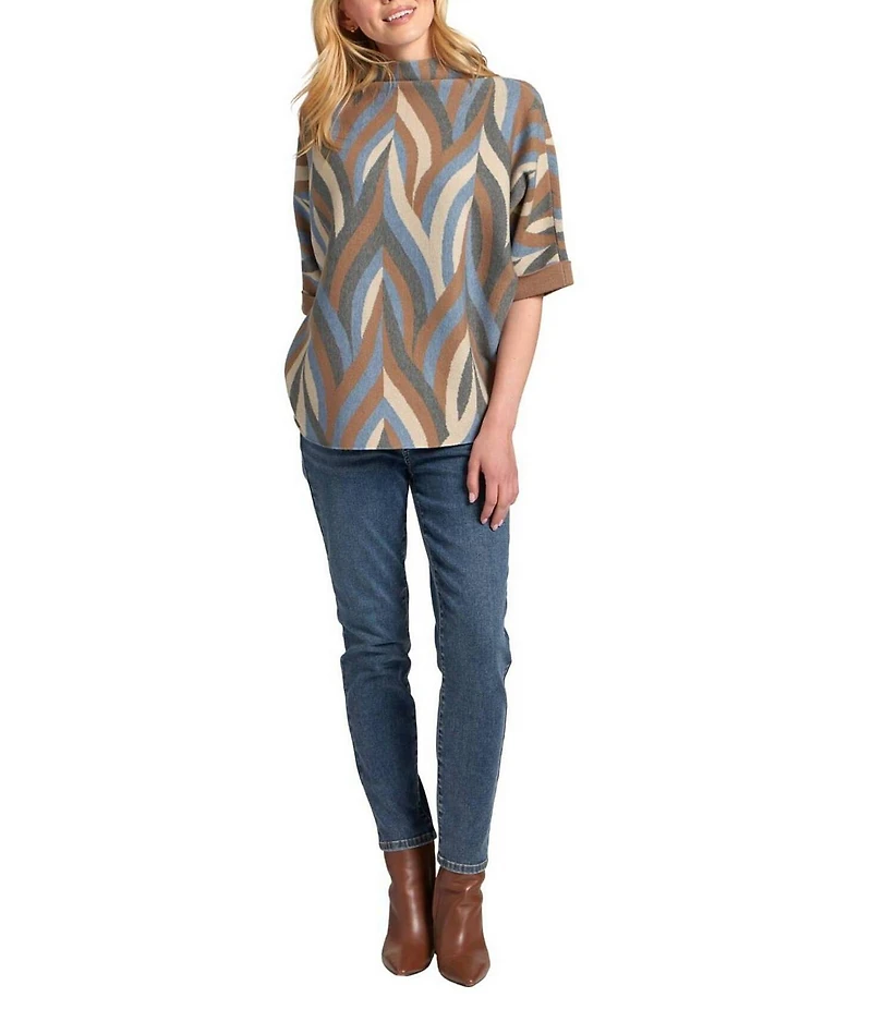 APNY Knit Printed High Neck 3/4 Sleeve Contrasting Cuff Sweater
